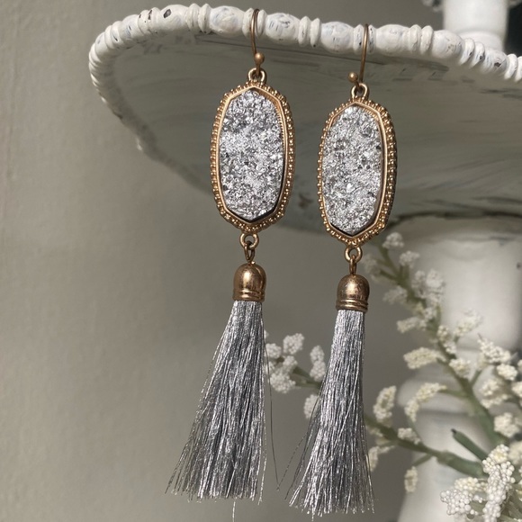 Silver Druzy Tassel Dangle Earrings - Picture 10 of 14